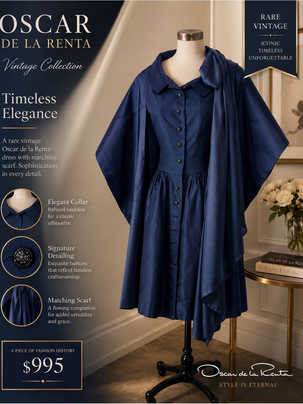 Oscar de la Renta Deep Navy Button-Front Dress with Draped Scarf